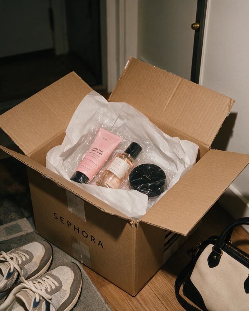 Un carton Sephora ouvert dans une entrée, produits dans du papier de soie.